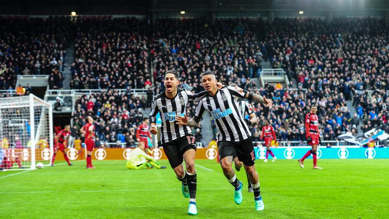 Ayoze Perez celebrates after scoring Newcastle United's winning goal at home to Huddersfield Town