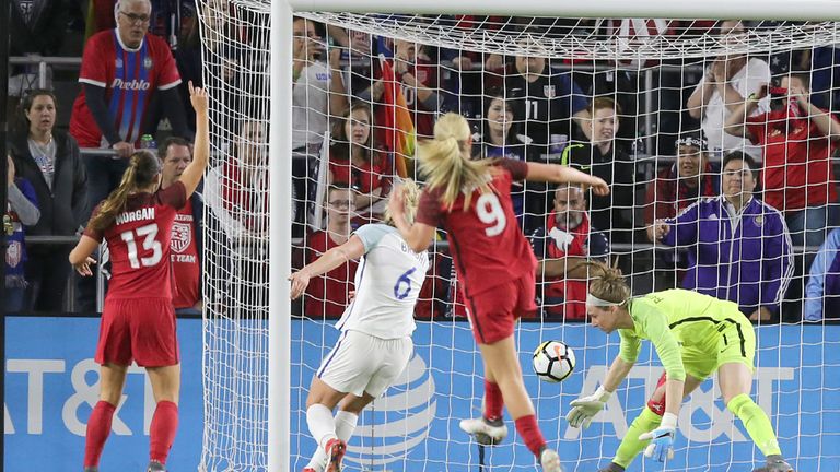 ORLANDO, FL - MARCH 07:  Karen Bardsley #1 of England can not handle the ball as Megan Rapinoe #15 of United States scores a goal during the SheBelieves Cup soccer match at Orlando City Stadium on March 7, 2018 in Orlando, Florida. (Photo by Alex Menendez/ Getty Images) *** Local Caption *** Karen Bardsley; Megan Rapinoe 