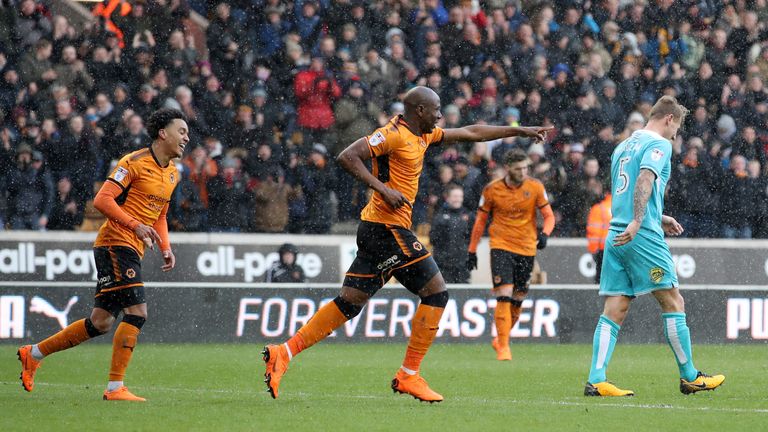 Wolverhampton Wanderers Benik Afobe celebrates his goal during the Sky Bet Championship match at Molineux