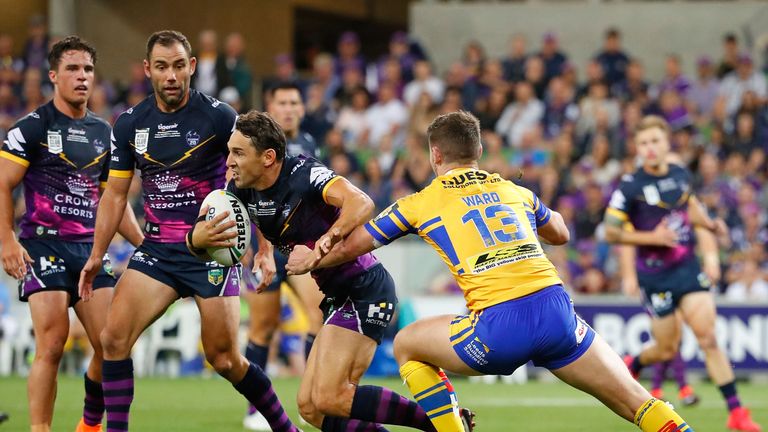 Billy Slater on the attack against Leeds Rhinos in the World Club Challenge 2018