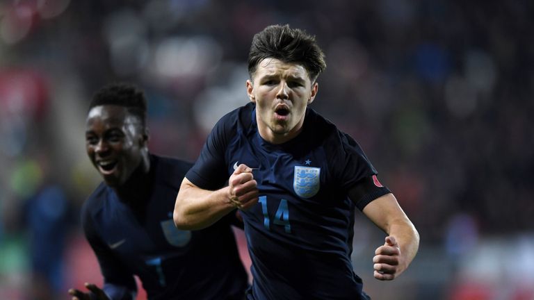 ROTHERHAM, ENGLAND - NOVEMBER 14:  Bobby Duncan of England celebrates scoring the opening goal during the  International Match between  England U17 and Germany U17 at The New York Stadium on November 14, 2017 in Rotherham, England.  (Photo by Gareth Copley/Getty Images)