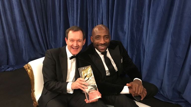 Adam Smith and Johnny Nelson celebrate the RTS award for best sports programme