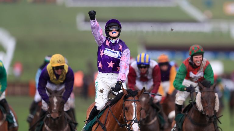 Bridget Andrews celebrates on Mohaayed after winning the Randox Health County Handicap Hurdle during Gold Cup Day of the 2018 Cheltenham Festival