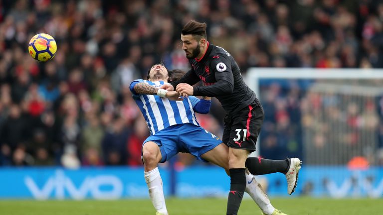 during the Premier League match between Brighton and Hove Albion and Arsenal at Amex Stadium on March 4, 2018 in Brighton, England.