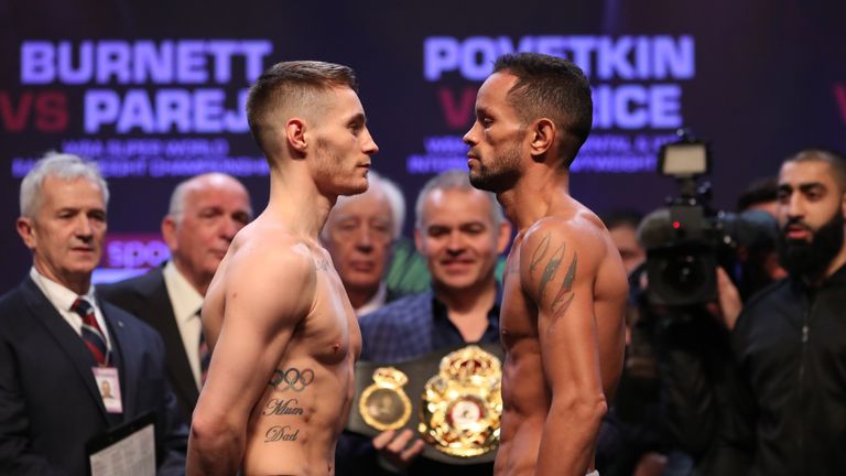 JOSHUA -PARKER PROMOTION.WEIGH IN.MOTOR POINT ARENA,.CARDIFF,WALES.PIC LAWRENCE LUSTIG.RYAN BURNETT AND YONFREZPAREJO WEIGH IN AHEAD OF THEIR FIGHT ON  EDDIE HEARNS MATCHROOM PROMOTION AT THE PRINCIPALITY STADIUM, CARDIFF ON SATURDAY(MARCH 31ST) 