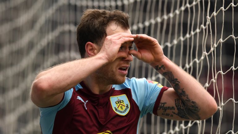Ashley Barnes celebrates during the Premier League match between Burnley and Everton at Turf Moor
