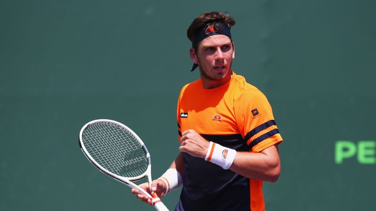 Cameron Norrie of Great Britain celebrates a point against Patrick Kypson of the United States in the final qualifying round during the Miami Open Presented by Itau at Crandon Park Tennis Center on March 20, 2018 in Key Biscayne, Florida.