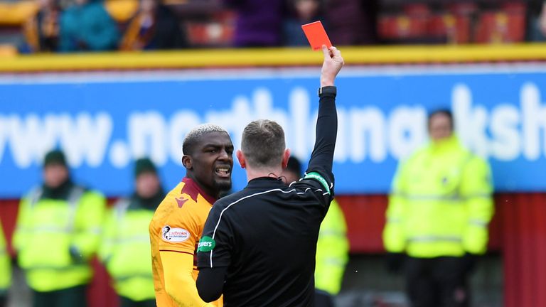 Cedric Kipre is shown red card in Motherwell's 0-0 draw with Celtic
