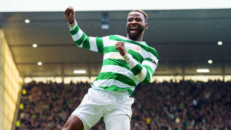 Celtic's Moussa Dembele celebrates after he makes it 2-2 against Rangers