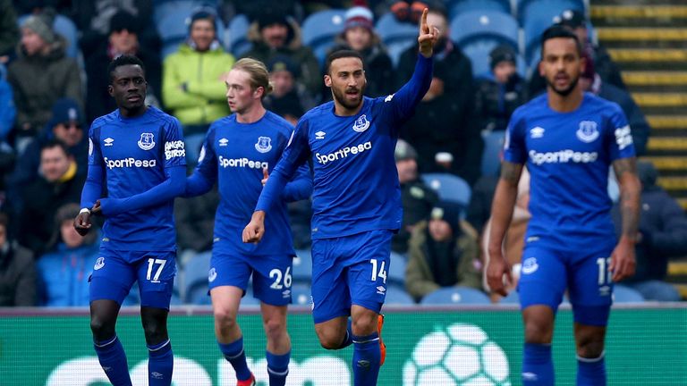 Everton's Cenk Tosun celebrates after scoring the opening goal of the game during the Premier League match at Turf Moor