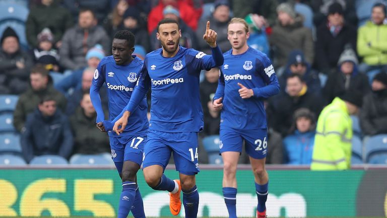 Cenk Tosun celebrates giving Everton a 1-0 lead during the Premier League match against Burnley at Turf Moor on March 3, 2018