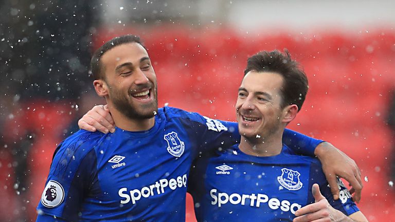 Everton's Cenk Tosun (left) and Everton's Leighton Baines celebrate after the final whistle during the Premier League match at the bet365 Stadium, Stoke. PRESS ASSOCIATION Photo. Picture date: Saturday March 17, 2018. See PA story SOCCER Stoke. Photo credit should read: Mike Egerton/PA Wire. RESTRICTIONS: EDITORIAL USE ONLY No use with unauthorised audio, video, data, fixture lists, club/league logos or "live" services. Online in-match use limited to 75 images, no video emulation. No use in betting, games or single club/league/player publications.
