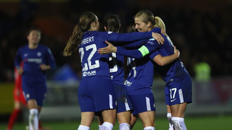 during the UEFA Womens Champions League Quarter-Final second leg match between Chelsea Ladies and Montpellier at The Cherry Red Records Stadium on March 28, 2018 in Kingston upon Thames, England.