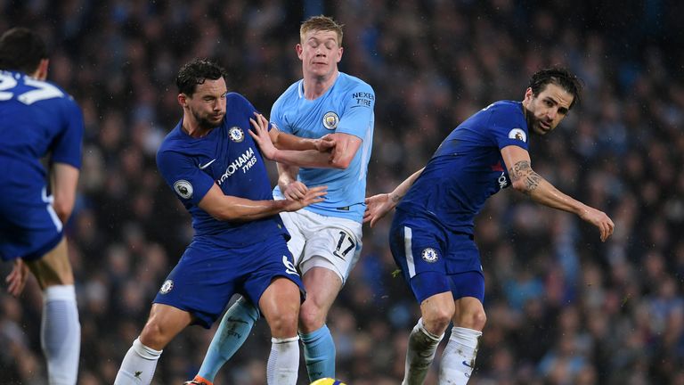 during the Premier League match between Manchester City and Chelsea at Etihad Stadium on March 4, 2018 in Manchester, England.