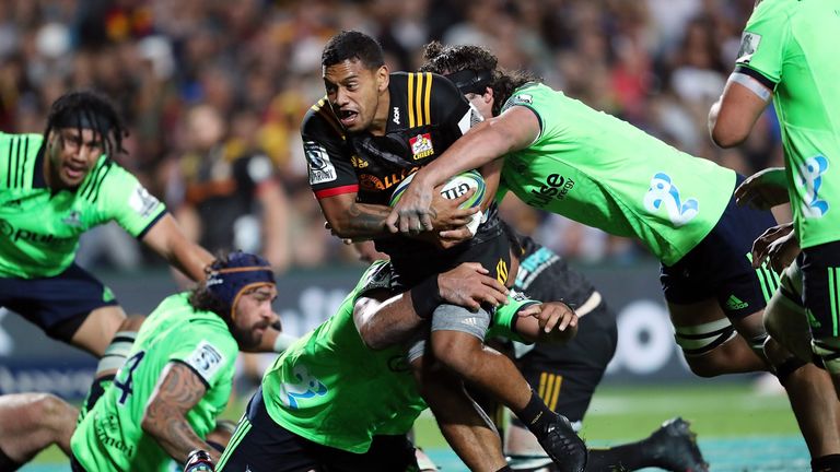 Chiefs Te Toiroa Tahuriorangi  in action during the round seven Super Rugby match between the Chiefs and the Highlanders 