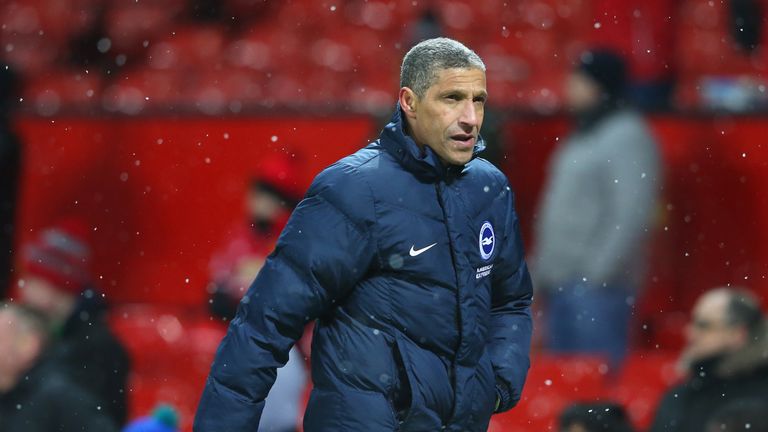 Chris Hughton of Brighton & Hove Albion during The Emirates FA Cup Quarter Final match between Manchester United and Brighton & Hove Albion at Old Trafford on March 17, 2018 in Manchester, England.