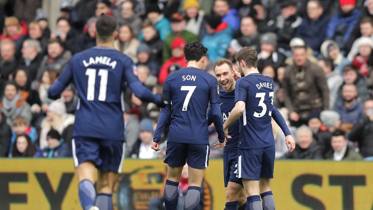 Christian Eriksen celebrants during FA Cup Quarter Final match between Swansea City and Tottenham at Liberty Stadium on March 17, 2018