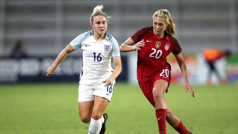 ORLANDO, FL - MARCH 07:  Izzy Christiansen #16 of England dribbles past Allie Long #20 of United States during the SheBelieves Cup soccer match at Orlando City Stadium on March 7, 2018 in Orlando, Florida. (Photo by Alex Menendez/ Getty Images) *** Local Caption *** Izzy Christiansen; Allie Long 