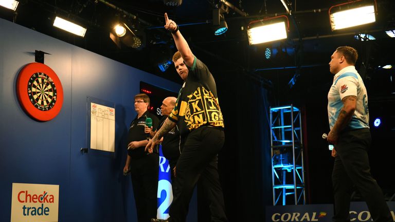Coral UK Open 2018 Qtr Final.Butlins Minehead .Corey Cadby v Gerwyn Price.Pic: Christopher Dean / Scantech Media Ltd /  for the PDC.07930 364436.chris@scantechmedia.com.www.scantechmedia.com.