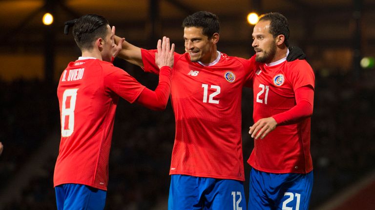 Costa Rica's Marcos Urena (right) celebrates his goal against Scotland in the international friendly at Hampden Park