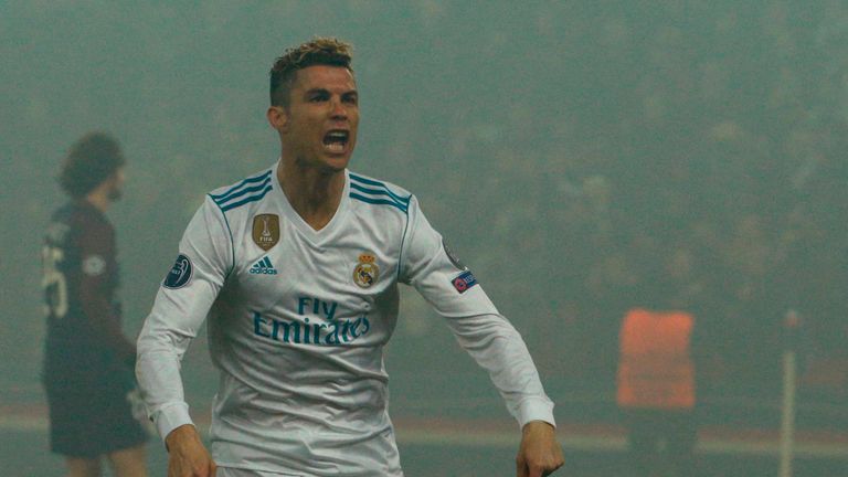 Cristiano Ronaldo celebrates scoring for Real Madrid against PSG in the Champions League