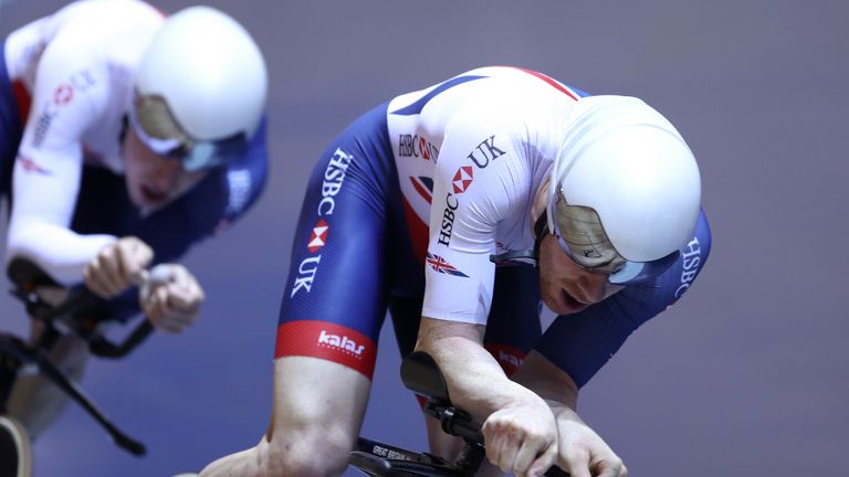 Ed Clancy with teammates from the GB Cycling men's endurance team during a training session