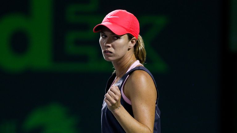 Danielle Collins of the United States reacts after a point against Venus Williams of the United States during their quarterfinal match on Day 10 of the Miami Open Presented by Itau at Crandon Park Tennis Center on March 28, 2018 in Key Biscayne, Florida