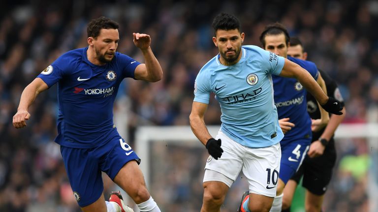 Danny Drinkwater chases down Sergio Aguero as Manchester City host Chelsea at the Etihad Stadium