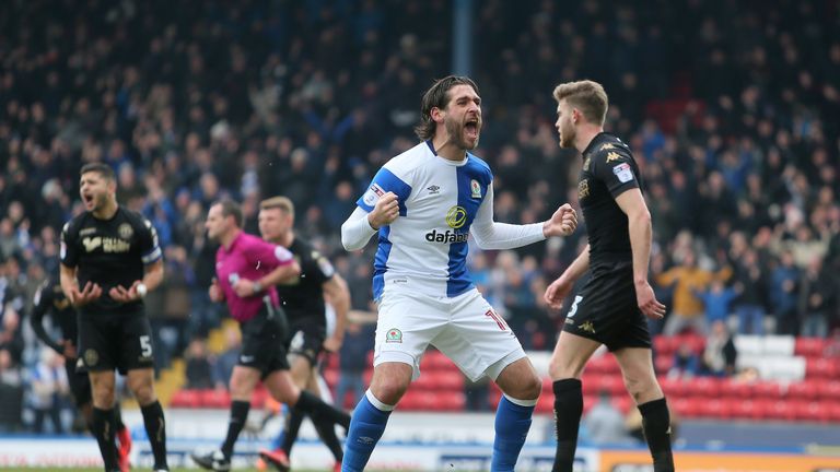 Blackburn's Danny Graham celebrates after Blackburn score the second goal against Wigan