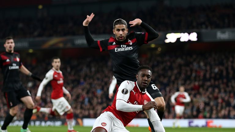 Arsenal's Danny Welbeck appeals for a penalty during the UEFA Europa League round of 16, second leg match against AC Milan at the Emirates Stadium