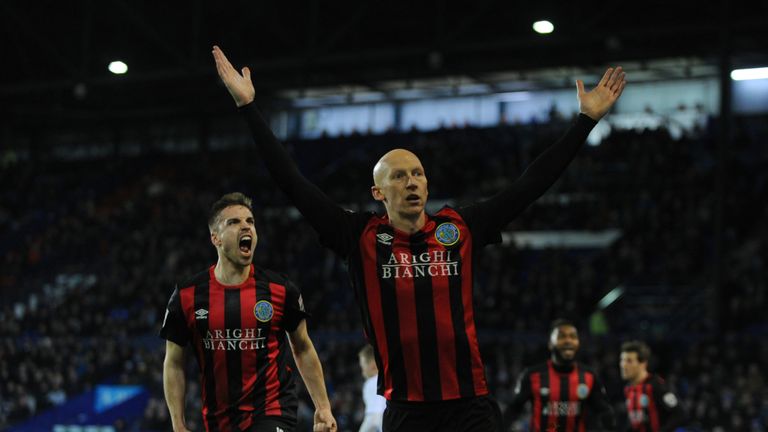Danny Whitaker of Macclesfield Town celebrates after scoring a penalty during the Vanarama National League match against Tranmere Rovers at Prenton Park on February 20, 2018