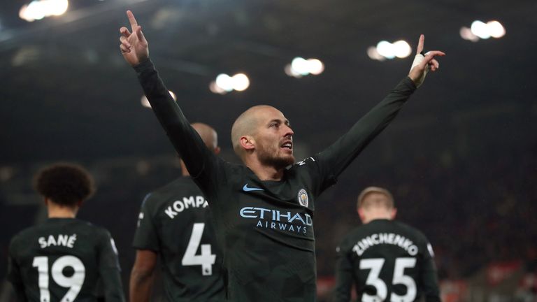 Manchester City's David Silva celebrates scoring his side's second goal of the game during the Premier League match v Stoke City at the bet365 Stadium, Stoke