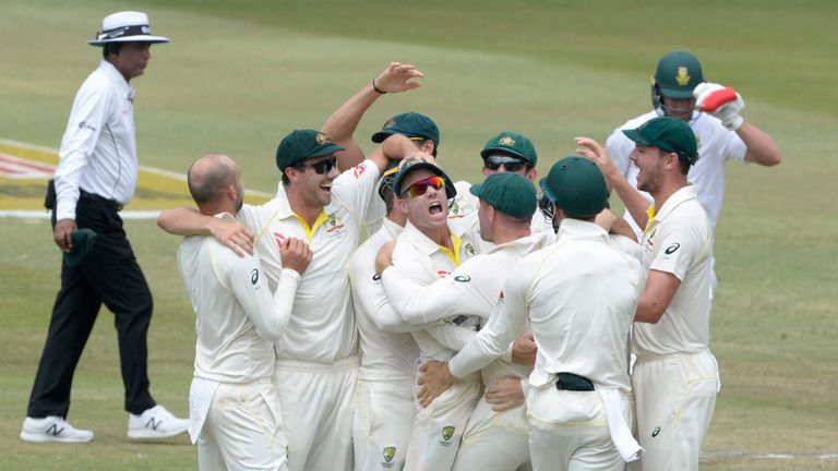 DURBAN, SOUTH AFRICA - MARCH 04: Australia celebrate the run out of AB de Villiers of the Proteas during day 4 of the 1st Sunfoil Test match between South Africa and Australia at Sahara Stadium Kingsmead on March 04, 2018 in Durban, South Africa. (Photo by Lee Warren/Gallo Images)