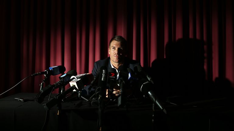 Australian cricketer David Warner speaks to the media during a press conference at Cricket NSW Offices on March 31, 2018 in Sydney, Australia. Warner was banned from cricket for one year by Cricket Australia following the ball tampering incident in South Africa.