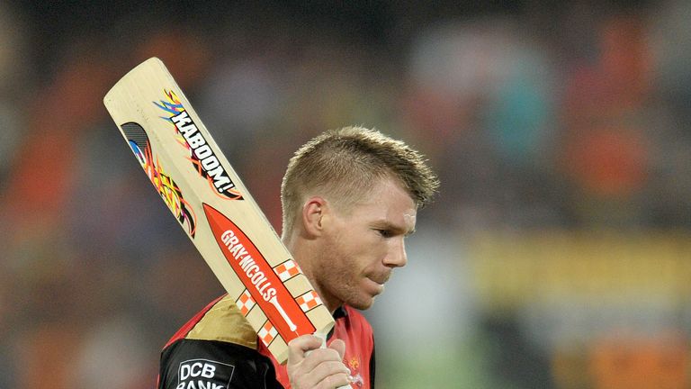David Warner walks back to the pavilion after scoring 92 runs during the 2016 Indian Premier League match between Sunrisers Hyderabad and Royal Challengers Bangalore on April 30, 2016
