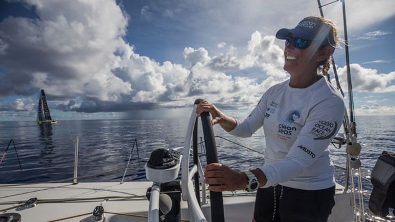 Leg 6 to Auckland, day 14 on board Turn the Tide on Plastic. Catching up to Brunel puts a smile on Skipper Dee's face. 20 February, 2018.