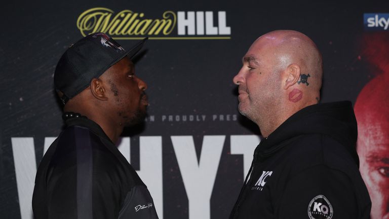 WHYTE-BROWN PROMOTION.PRESS CONFERENCE.SKY BAR,.O2 ARENA,LONDON.DILLIAN WHYTE AND LUCAS BROWN COME FACE TO FACE BEFORE THEY CLASH ON EDDIE HEARNS MATCHROOM PROMOTION AT LONDONS O2 ARENA STADIUM ON SATURDAY(MARCH 24TH)