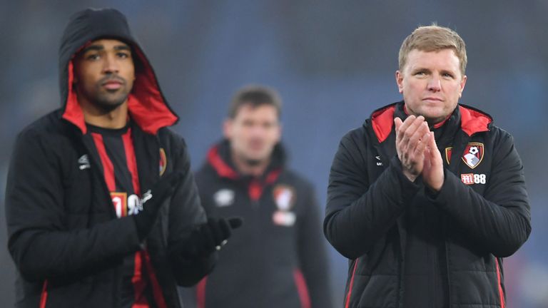 Eddie Howe applauds the Bournemouth fans at full-time after watching his side concede a late equaliser