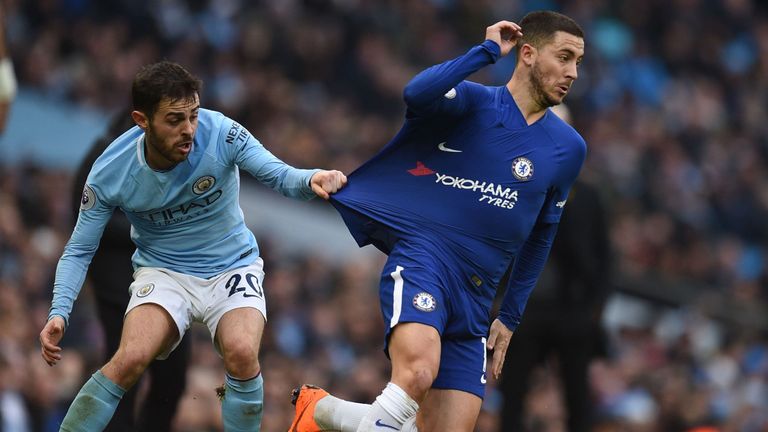 Eden Hazard has his shirt pulled by Bernardo Silva during Chelsea's 1-0 defeat at Manchester City, March 4, 2018