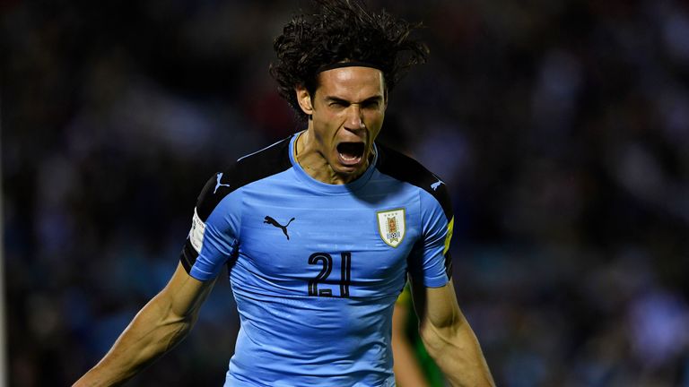 Uruguay's Edinson Cavani celebrates after scoring against Bolivia during their 2018 World Cup football qualifier match in Montevideo, on October 10, 2017