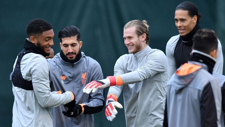 Emre Can and Loris Karius participate in training ahead of the UEFA Champions League Round of 16 match between Liverpool and FC Porto