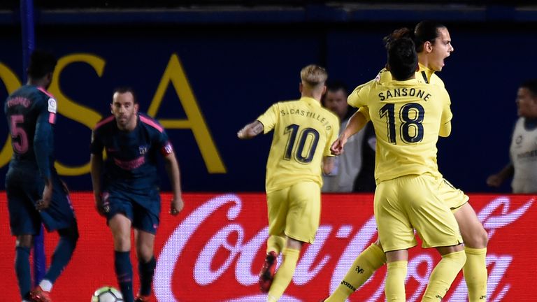 Enes Unal celebrates scoring against Atletico Madrid