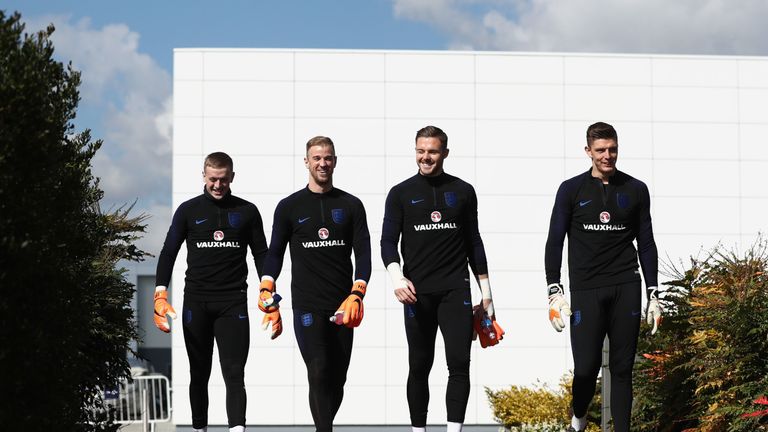 England goalkeepers Jordan Pickford, Joe Hart, Jack Butland and Nick Pope arrive for training, on the eve of their international friendly against Italy