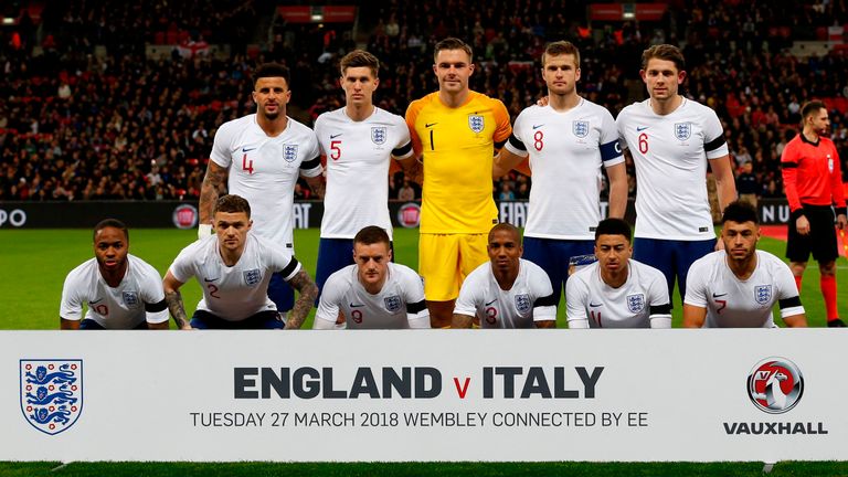 England's Kyle Walker, John Stones, Jack Butland, Eric Dier ahead of England v Italy March 2018