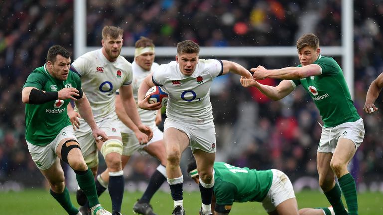 Owen Farrell makes a break against Ireland during the Six Nations Championship 2018