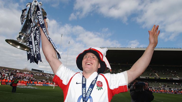 Mike Tindall celebrates England's Six Nations Grand Slam in 2003