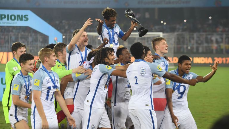 England players celebrate their Under-17 World Cup win over Spain in India in October 2017