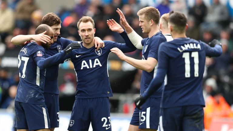 Christian Eriksen is congratulated after scoring his second and Tottenham's third 