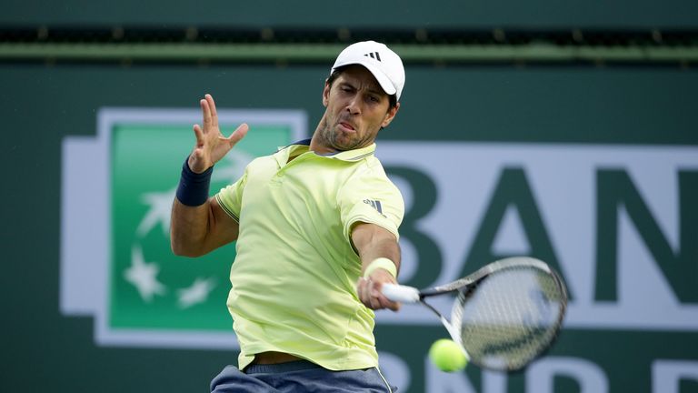 Fernando Verdasco of Spain returns a forehand to Guido Pella of Argentina during the BNP Paribas Open at the Indian Wells Tennis Garden on March 8, 2018 in Indian Wells, California