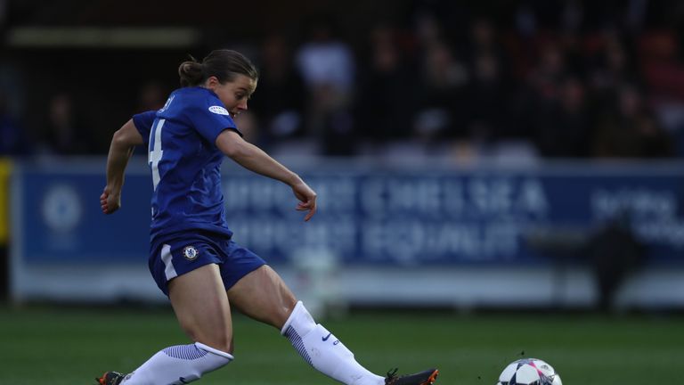 during the UEFA Womens Champions League Quarter-Final second leg match between Chelsea Ladies and Montpellier at The Cherry Red Records Stadium on March 28, 2018 in Kingston upon Thames, England.